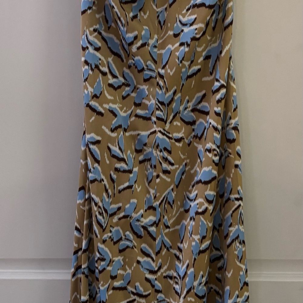 Printed A-Line halter dress in Tan and Blue